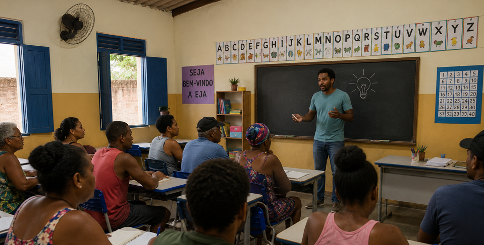 Sala de aula da EJA – educador e estudantes em atividade